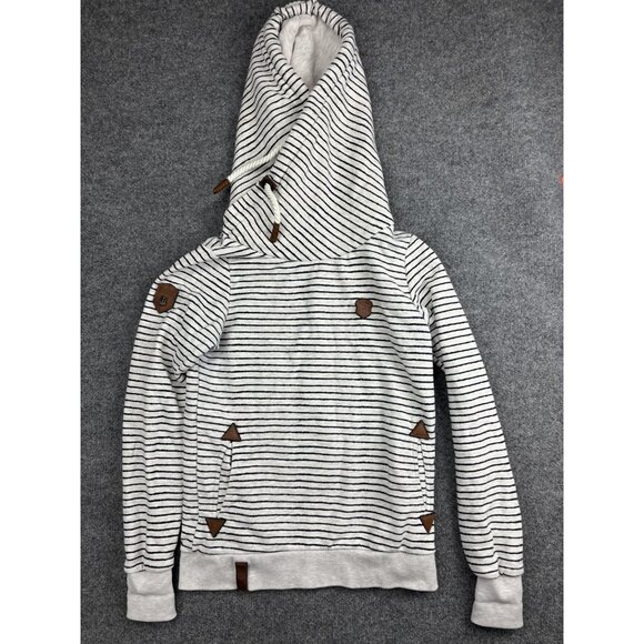Naketano Hoodie Womens Medium White Navy Striped Cowl Neck Faux Leather Trim - Picture 1 of 8